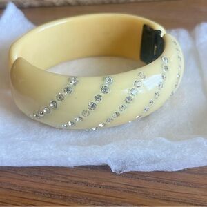 Unique Vintage Clear Rhinestones yellow Plastic Hinged Cuff Bangle Bracelet